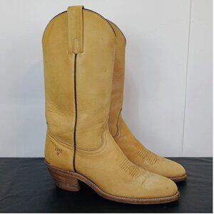 VINTAGE 1990s Frye Banana Tan Leather Pull On Low Heel Western Boho Cowboy Boot
